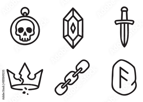Collection of hand-drawn medieval fantasy game icons featuring a skull, gemstone, sword, broken crown, chain, and ancient rune symbol in a simple line art style
