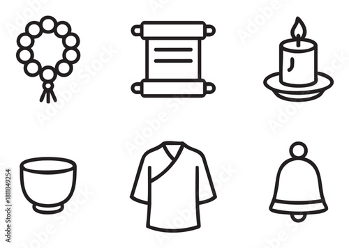 Minimalist icon collection of spiritual and religious symbols, including prayer beads, a scroll, a candle, a bowl, a robe, and a bell, presented as clean black line art