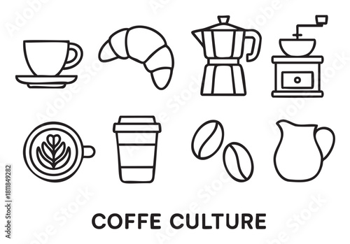 Collection of minimalist black line art icons representing coffee culture, including a cup, croissant, moka pot, grinder, and beans