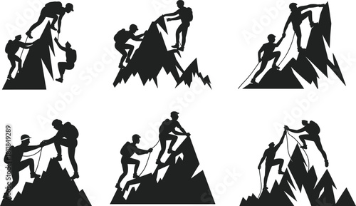 Mountain climbing teamwork silhouette, hiking adventure, outdoor sport, alpinism challenge, expedition success, mountaineer helping partner, cad drawing flat vector illustration