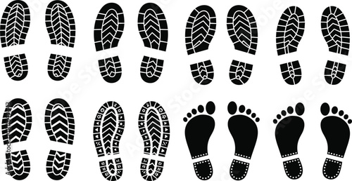 Black Footprints and Boot Prints on White Background Collection shoe print sole