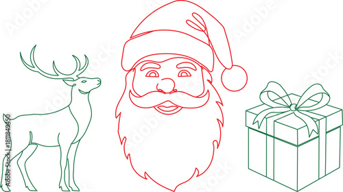 Santa Claus with Christmas gifts. Santa Claus face with a hat, a gift box with a ribbon and bow, and a reindeer line art vector.