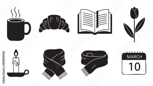 Collection of black and white minimalist icons representing cozy lifestyle elements like a hot drink, croissant, book, scarf, flower, candle, and a spring calendar date