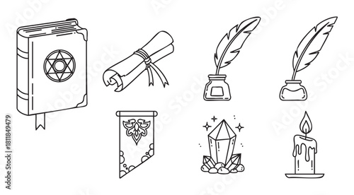 Collection of mystical objects in a simple outline style, including a grimoire, parchment scroll, feather quill with ink, banner, sparkling crystal, and a burning candle