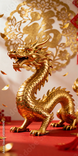 Wallpaper Mural Lucky Golden Dragon Ornament with Floral Paper Cut Shadow Torontodigital.ca