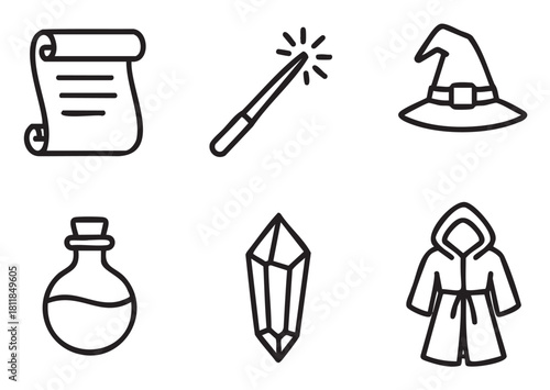 Set of six black line art icons representing magic and fantasy elements, including a scroll, wand, wizard hat, potion, crystal, and robe