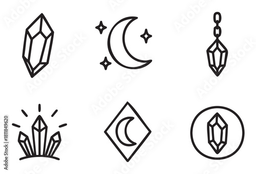 Set of six minimalist black line art icons with mystical and celestial themes, featuring crystals, a crescent moon, and stars