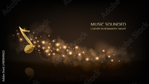 A sparkling golden musical note trails with glittering particles on a luxurious black background, overlaid with "MUSIC SOUNDED" and "LUXURY ROMANTIC NIGHT" text, suggesting elegance and melody.