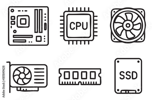 Set of computer hardware component icons in a simple black line art style, featuring a motherboard, CPU, cooling fan, video card, RAM, and solid state drive