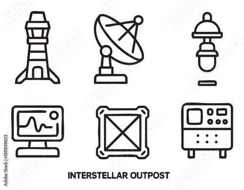 Vector illustration set of six simple black outline icons related to a futuristic space base, featuring a communication tower, radar dish, signal monitor, and other equipment