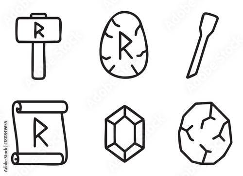 Set of six hand-drawn black and white icons featuring a runic hammer, egg, tool, scroll, gemstone, and stone