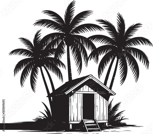 A black and white sketch of a small wooden beach hut nestled amongst several tall palm trees on a sandy shore.