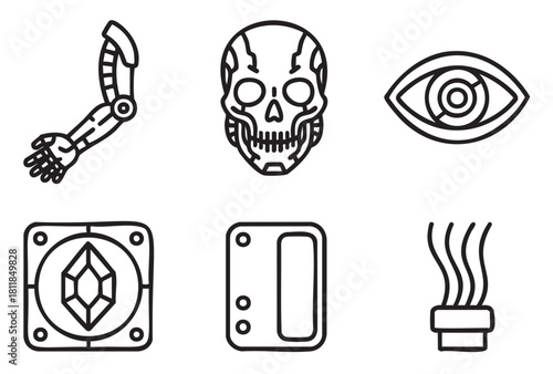 Set of six black and white line art icons representing cyberpunk and futuristic technology themes, including a robotic arm, cyborg skull, and bionic eye