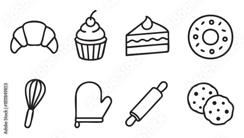 Simple collection of baking and pastry icons in a minimalist black line art style, featuring a croissant, cupcake, cake, donut, and essential kitchen utensils