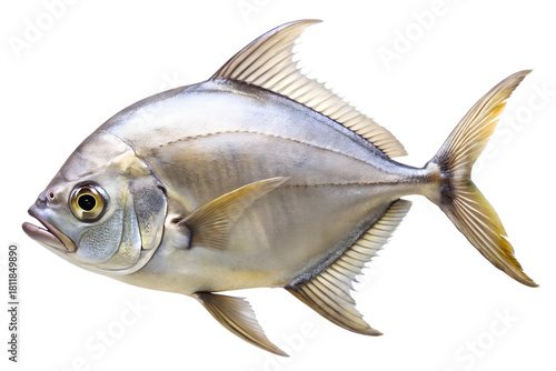 Side view of a sleek, silvercolored pompano fish with pronounced dorsal and anal fins, captured in high detail and isolated on a transparent background