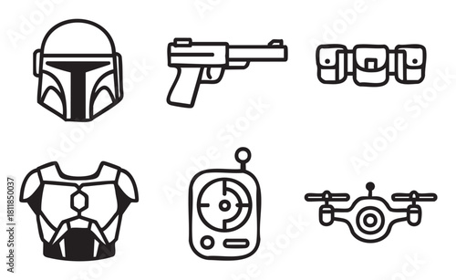 Collection of science fiction warrior gear icons featuring a T-visor helmet, pistol, utility belt, body armor, scanner, and quadcopter