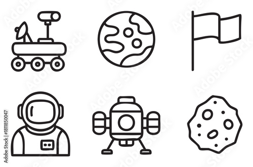 Set of six black line art icons depicting space exploration themes like a rover, planet, flag, astronaut, lander, and asteroid
