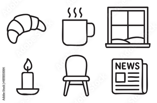 Black and white vector icon set illustrating a cozy and relaxing lifestyle with a croissant, steaming mug, candle, newspaper, chair, and window