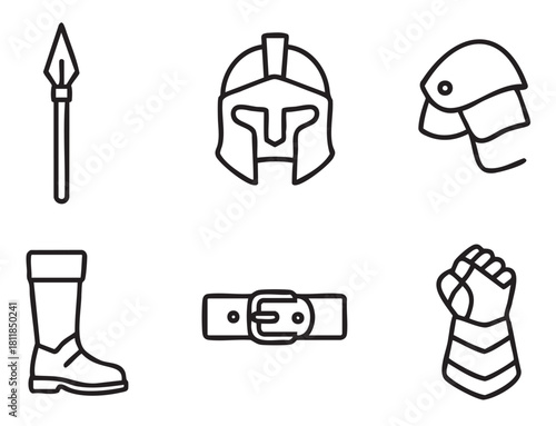 Set of six black line art icons depicting ancient and medieval warrior equipment, including helmets, a spear, gauntlet, boot, and belt