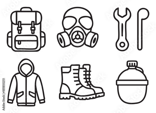 Vector illustration of a survival kit icon set with a gas mask, backpack, boots, tools, jacket, and water flask, designed with a clean and modern black line art aesthetic