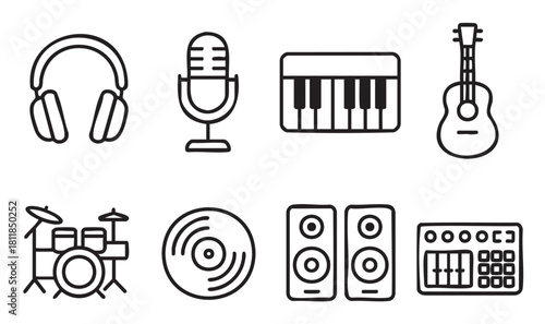 Collection of minimalist music icons in a simple line art style, featuring musical instruments and audio recording equipment