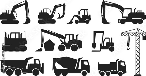 Construction vehicles, heavy machinery, excavator, bulldozer, crane, cement truck, dump truck, loader, industrial equipment, cad drawing flat vector illustration