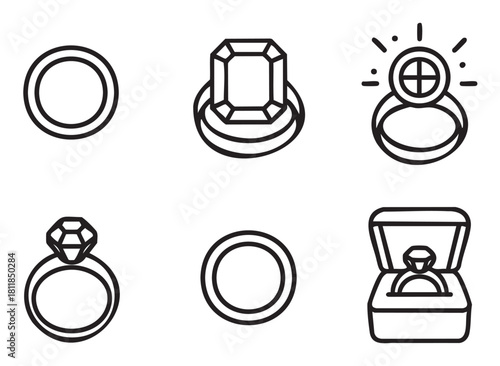 Set of six black and white line art icons depicting various rings, including wedding bands and diamond engagement rings
