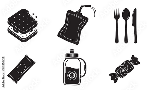 Collection of black and white icons representing a packed lunch, with a sandwich, juice pouch, cutlery, snack bar, water bottle, and candy