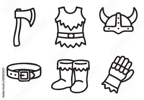 Collection of simple black line art icons representing a medieval warrior's equipment, including a battle axe, horned helmet, tunic, and gauntlet, in a hand-drawn doodle style