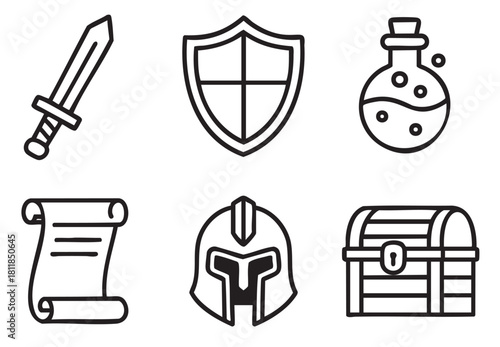 Set of medieval fantasy icons in a simple line art style for a role-playing game, featuring a sword, shield, potion, scroll, helmet, and treasure chest