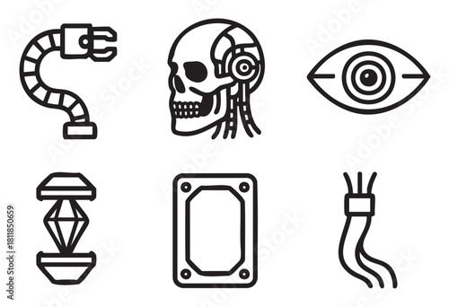 Set of six minimalist black line art icons , illustrating futuristic cyberpunk concepts like a robotic arm, cyborg skull, mechanical eye, and data chip