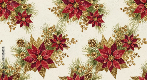 Elegant Christmas Poinsettia Seamless Pattern: Glitter Gold Pine Cones & Holiday Background
