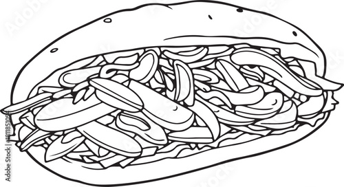 Pita Sandwich Hand-drawn Sketch Drawing Vector Illustration, Line Linear Symbol Engraving Coloring Book, Black and White Isolated