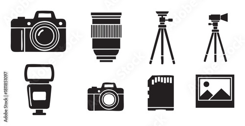 Collection of black silhouette icons illustrating essential photography equipment and accessories, including cameras, lenses, tripods, a flash, a memory card, and a framed picture