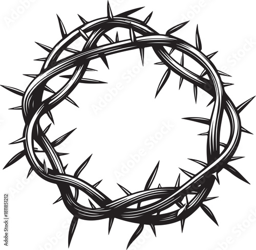 Crown of Thorns of Jesus Christ Hand-drawn Sketch Drawing Vector Illustration, Line Linear Symbol Engraving Coloring Book, Black and White Isolated