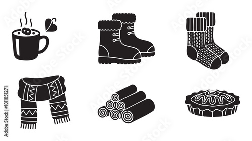 Collection of cozy black silhouette icons depicting a steaming mug, warm boots, knitted socks, a patterned scarf, cinnamon sticks, and a delicious pie, all against a clean white background