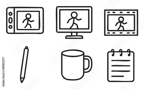 Set of six simple black outline doodle icons including a drawing tablet, computer monitor, film strip, stylus, coffee mug, and notebook, presented , representing creative work