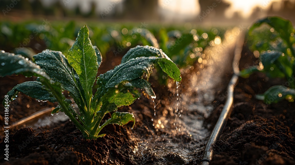 Naklejka premium Field of young green crops at sunrise, nourished by a drip irrigation system. Golden sun rays break through a light morning mist in the back.