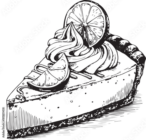 Key Lime Pie Slice, Lemon Tart Dessert, Hand-drawn Sketch Drawing Vector Illustration, Line Linear Symbol Engraving Coloring Book, Black and White Isolated