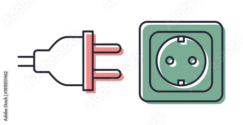 Electric plug and socket illustration in minimalist style, isolated on