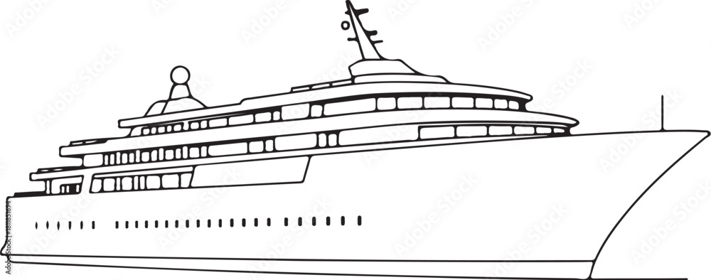 Obraz premium Cruise Ship Hand-drawn Sketch Drawing Vector Illustration, Line Linear Symbol Engraving Coloring Book, Black and White Isolated