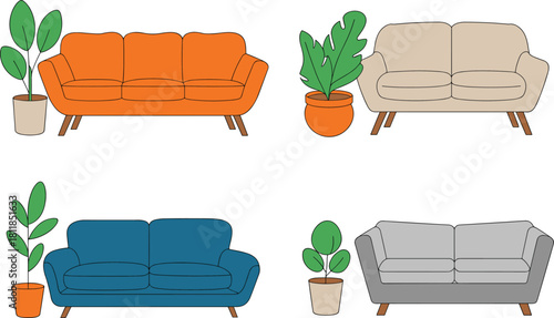 Modern sofa set, living room furniture, indoor plant decoration, cozy home interior design, stylish couch illustration, cad drawing flat vector illustration