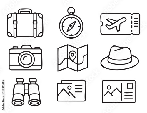 Comprehensive collection of nine minimalist black outline icons representing various aspects of travel, adventure, and vacation planning, presented