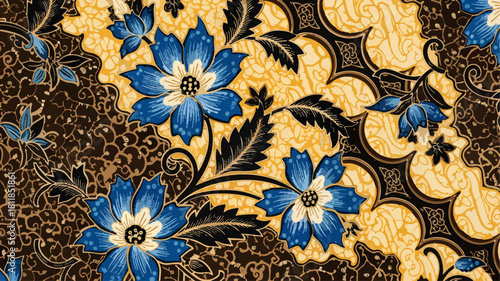 Elegant blue floral pattern on a traditional Javanese Batik textile, a classic example of Indonesian fabric art and design
