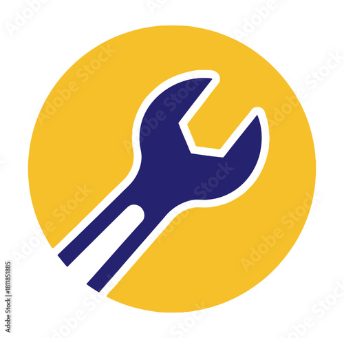 Blue wrench on yellow circle isolated on, a symbol for repair, maintenance, or construction