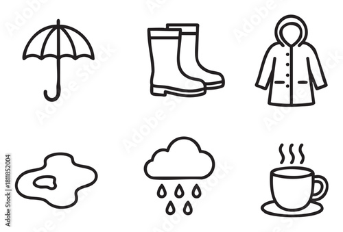 Collection of black line icons representing rainy weather with an umbrella, rubber boots, raincoat, puddle, cloud, and a cozy hot beverage
