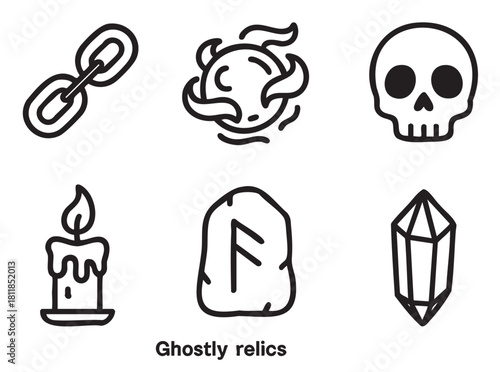 Collection of six minimalist black line art icons representing mystical and spooky objects like a skull, rune, crystal, and candle