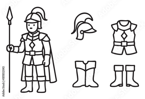 Set of black and white line art icons featuring an ancient warrior with a spear and separate pieces of his armor, including a helmet, breastplate, and boots
