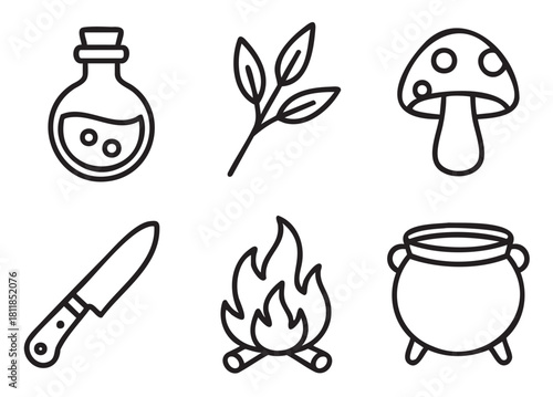 Set of minimalist black line art icons featuring a potion, cauldron, mushroom, campfire, knife, and herb sprig, representing magic, witchcraft, and alchemy themes