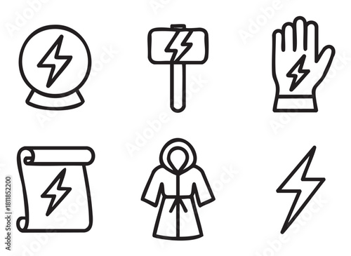 Set of six simple black outline icons representing magical power and sorcery, including a crystal ball, hammer, glove, scroll, hooded robe, and a lightning bolt